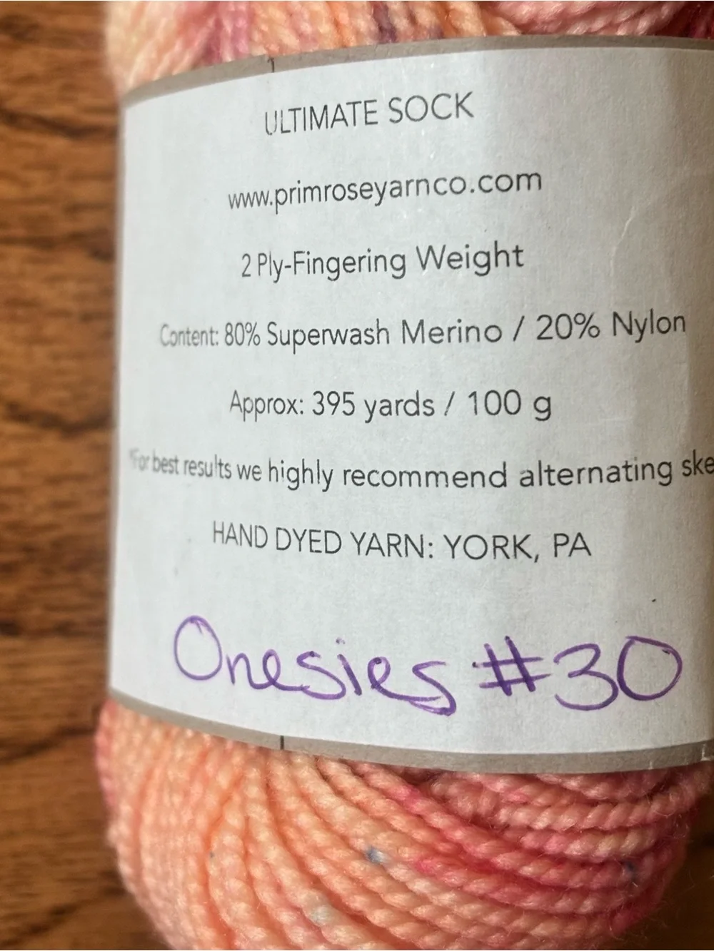 Primrose Yarn Co Ultimate Sock Hand-Dyed Yarn Peach Pink Onesies #30 Wool Nylon